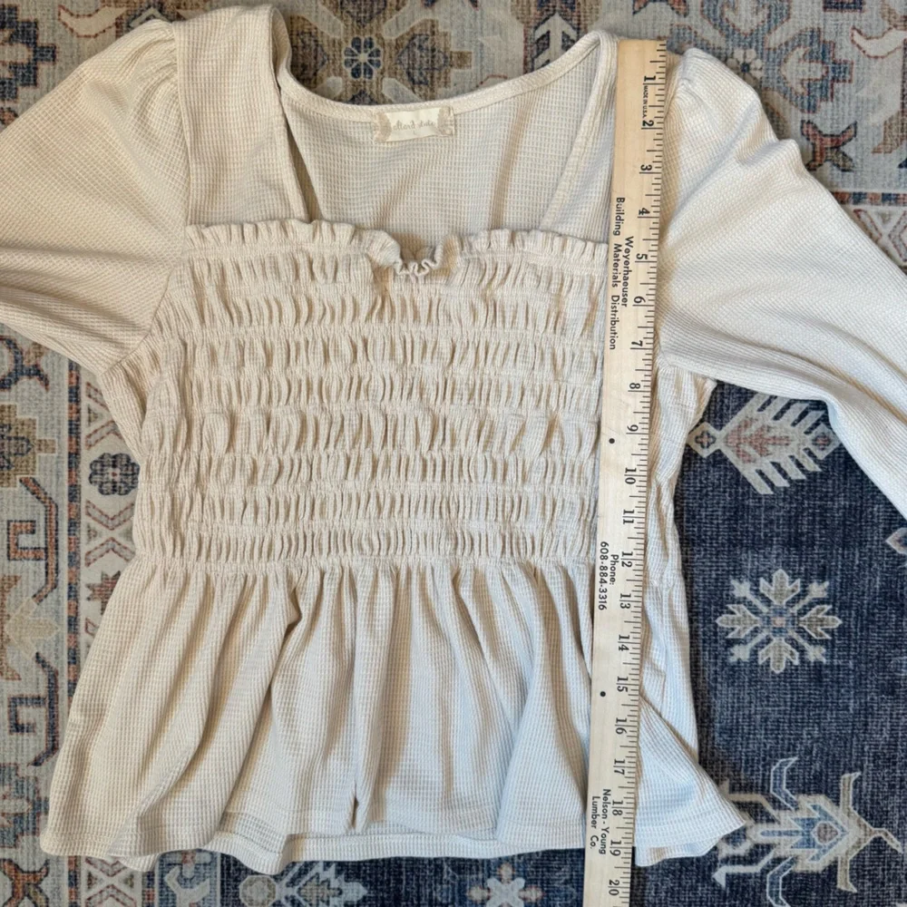 Altar'd State Julie Waffle Knit Smocked Peplum Peasant Sleeve Square Neck Top L